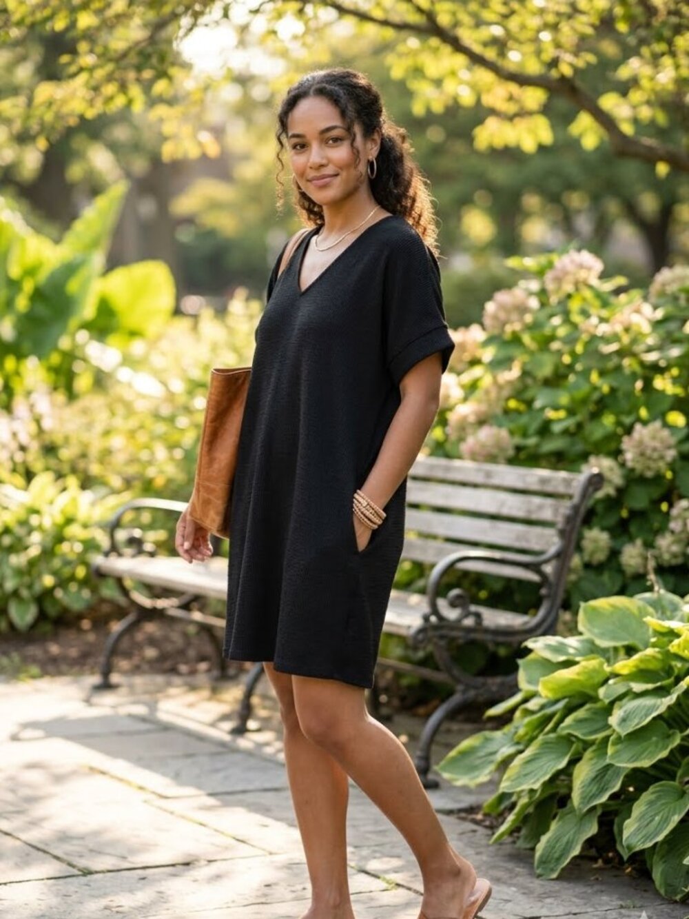 JODIFL Textured V-Neck Shift Dress
